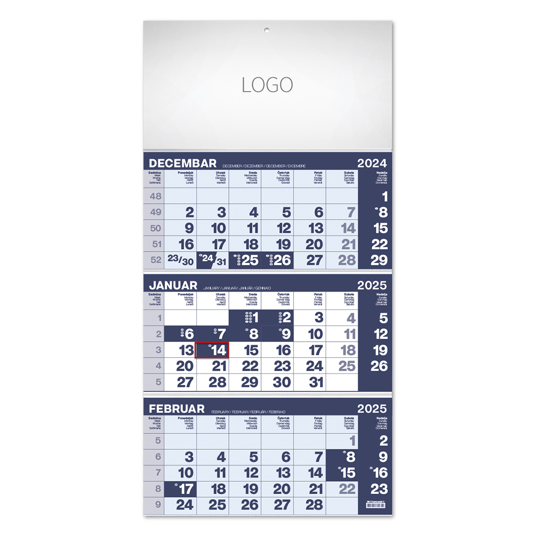 Wall calendar, 3 parts, 3 x 12 pages, A3 format