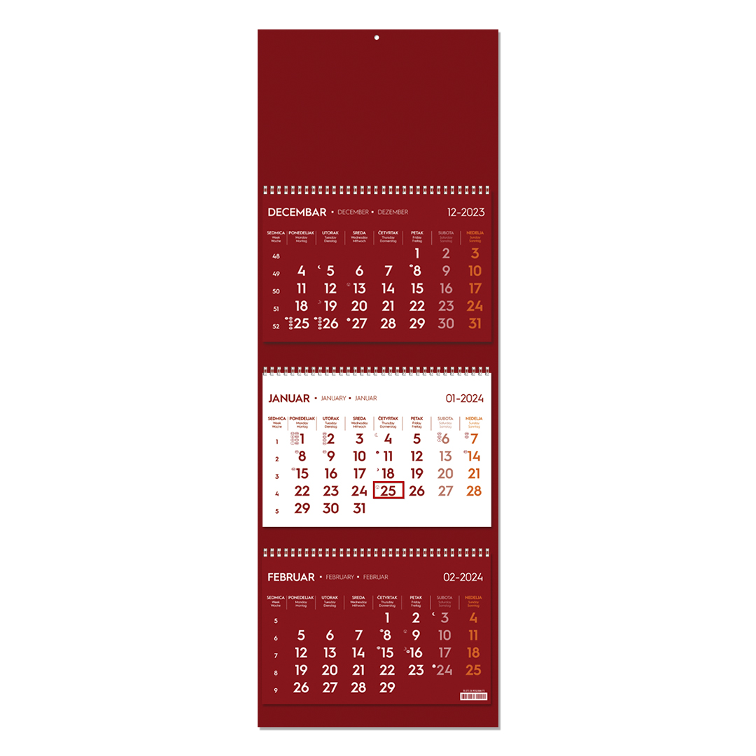 Wall calendar, 3 parts, 3 x 12 pages, format 23 x 51 cm