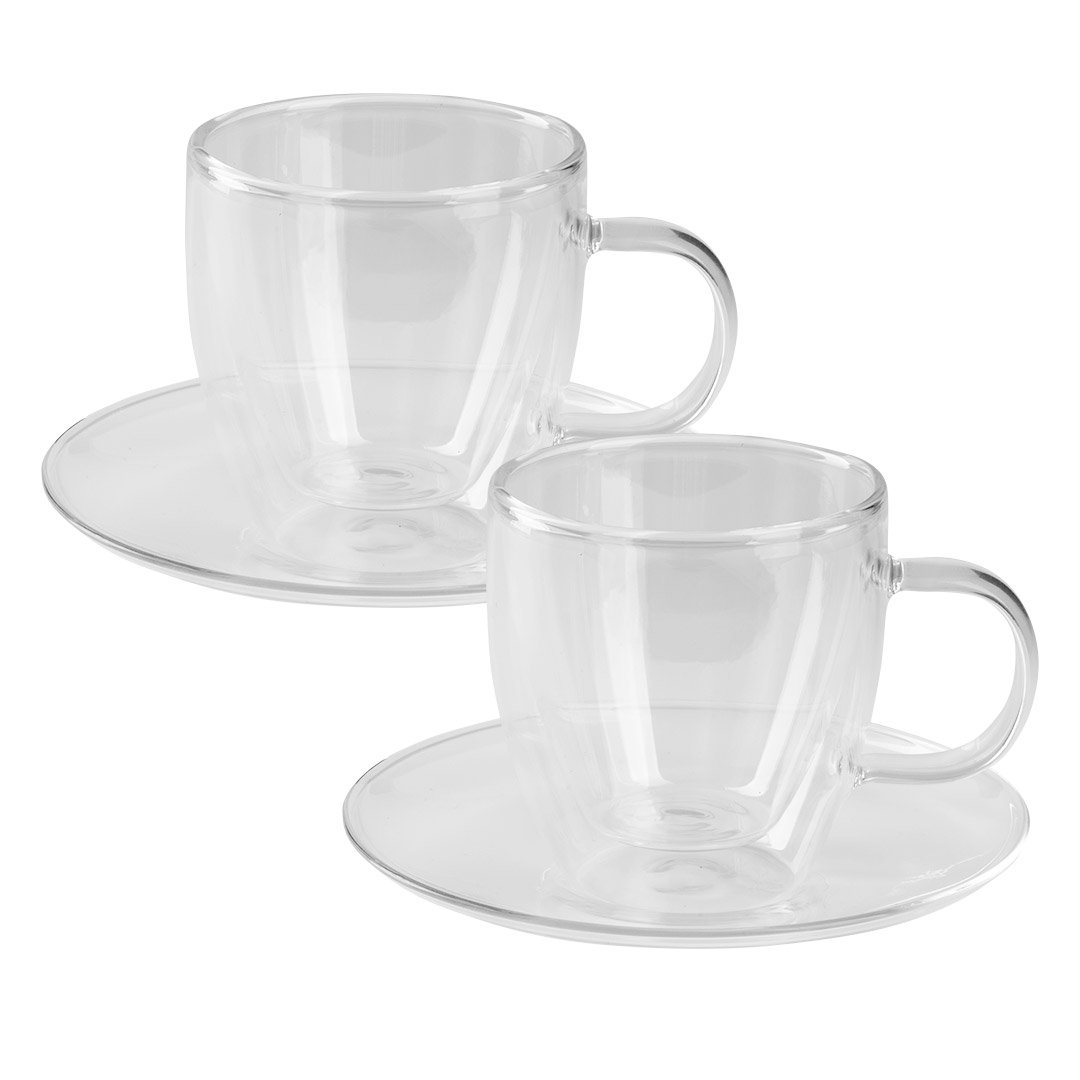 Two double wall glass cappuccino cups with saucers in a set, 2 x 150 ml